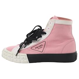Prada-PRADA Canvas Colorblock Pattern Wedge Sneakers in Pink, Size 39 EU-Pink