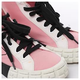 Prada-PRADA Canvas Colorblock Pattern Wedge Sneakers in Pink, Size 39 EU-Pink