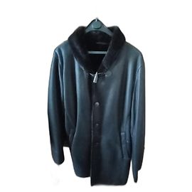Giorgio Armani Black Leather Coat with Fur Lining Black