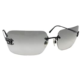 Chanel-Chanel Rhinestone CC Logo Grey Tinted Black Rimless Sunglasses-Black,Grey
