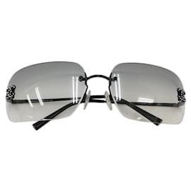 Chanel-Chanel Rhinestone CC Logo Grey Tinted Black Rimless Sunglasses-Black,Grey