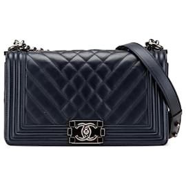 Chanel-Chanel Blue Medium Chevron Lambskin Boy Flap-Blue,Navy blue