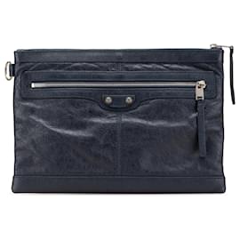 Balenciaga-Balenciaga Blue Lambskin Motocross Classic Clip M Clutch-Blue,Navy blue