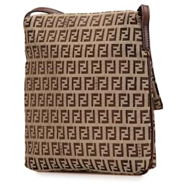 Fendi-Fendi Brown Zucchino Canvas Crossbody-Brown,Beige,Other,Dark brown