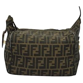 Fendi-FENDI Zucca Canvas Vanity Hand Bag Brown Black gold Auth mr1036-Brown,Black,Golden