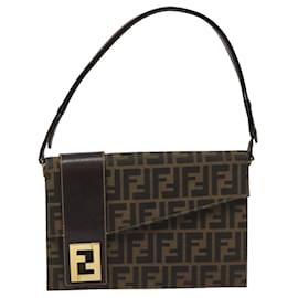 Fendi-FENDI Zucca Canvas Shoulder Bag Brown Black gold Auth BA307-Brown,Black,Golden
