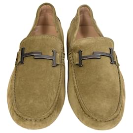 Tod's- Tod's Double T Driving Loafers in Olive Suede-Green,Olive green