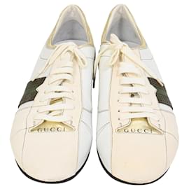 Gucci- Gucci Web Low-Top Sneakers in White Suede and Leather-White,Cream