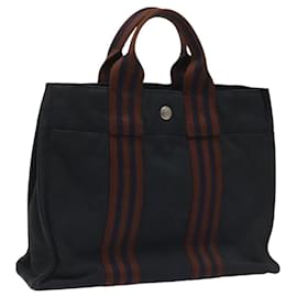Hermès-HERMES Fourre Tout PM Sac à Main Toile Marine Marron Argent Auth bs23296-Marron,Argenté,Bleu Marine
