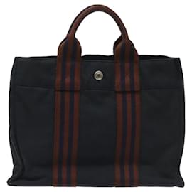 Hermès-HERMES Fourre Tout PM Sac à Main Toile Marine Marron Argent Auth bs23296-Marron,Argenté,Bleu Marine
