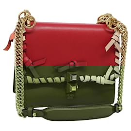 Fendi-FENDI Mini Canai Chain Shoulder Bag Leather Red Auth bs22672-Red