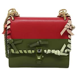Fendi-FENDI Mini Canai Chain Shoulder Bag Leather Red Auth bs22672-Red