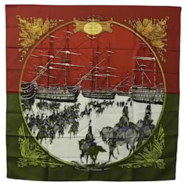 Hermès-HERMES Carre 90 Scarf ""MARINE ET CAVALERIE"" Silk Brown Auth KD004-Brown