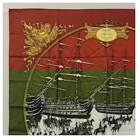 Hermès-HERMES Carre 90 Scarf ""MARINE ET CAVALERIE"" Silk Brown Auth KD004-Brown