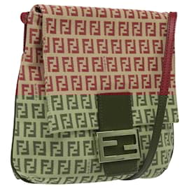 Fendi-FENDI Zucchino Canvas Shoulder Bag Red Gold Auth EC223-Red,Golden