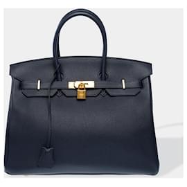 Hermès-HERMES Birkin 35 Bag in Blue Leather - 102577-Blue