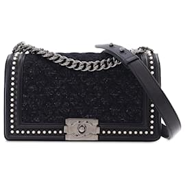 Chanel-Chanel Black Medium Tweed and Calfskin Pearl Boy Flap-Black