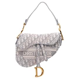 Dior-Dior Gray Oblique Embroidered Canvas Saddle Bag-Brown,Grey