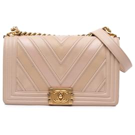 Chanel-Chanel Brown Medium Chevron Mixed Leathers Boy Flap-Brown,Beige