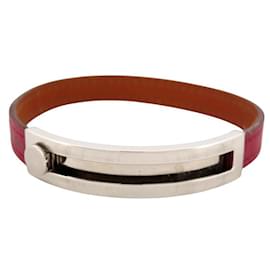 Hermès-BRACELET HERMES PUSPUS ACIER PALLADIE & CUIR ROUGE 16-20.5CM LEATHER BANGLE-Rouge