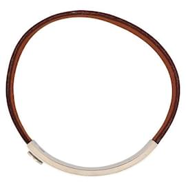 Hermès-BRACELET HERMES PUSPUS ACIER PALLADIE & CUIR ROUGE 16-20.5CM LEATHER BANGLE-Rouge