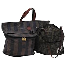 Fendi-FENDI Pecan Zucca Canvas Hand Bag Coated Canvas 3Set Brown Khaki Auth bs22907-Brown,Khaki