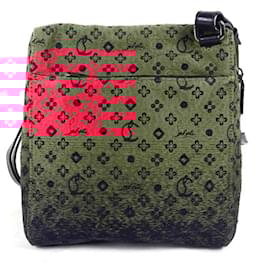 Christian Louboutin-Christian Louboutin Black and Red Leather Canvas Pochette Shoulder Bag-Black,Red