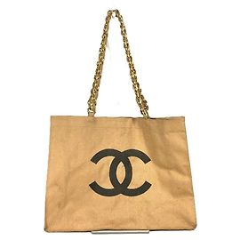 Chanel Vintage Canvas Shoulder Bag Black Beige