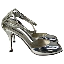 Dolce & Gabbana- Dolce & Gabbana Peep-Toe Ankle Strap Pumps in Silver Leather-Silvery,Metallic