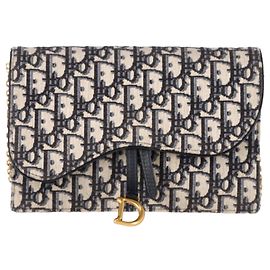 Dior Medium Saddle Pouch with Chain in Navy Blue Canvas Blue Navy blue