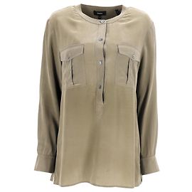 Theory Half-Buttoned Long Sleeve Blouse in Olive Silk Green Olive green
