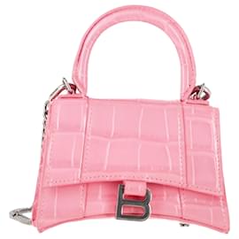 Balenciaga-Balenciaga Hourglass XS Croc Embossed Top Handle Bag in Pink Leather-Pink
