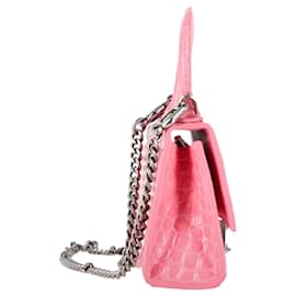 Balenciaga-Balenciaga Hourglass XS Croc Embossed Top Handle Bag in Pink Leather-Pink