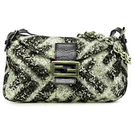 Fendi-Fendi Pink Zucca Wool Sequined Double Flap Shoulder Bag-Pink