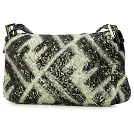 Fendi-Fendi Pink Zucca Wool Sequined Double Flap Shoulder Bag-Pink