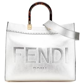 Fendi-Fendi Silver Medium Metallic Leather Sunshine Shopper Tote-Silvery