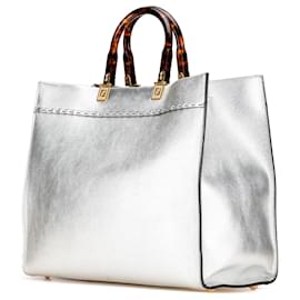 Fendi-Fendi Silver Medium Metallic Leather Sunshine Shopper Tote-Silvery