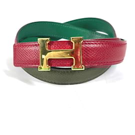 Hermès-Hermes Bicolor H Belt Buckle Thin Leather Women's Belt-Red,Golden,Green
