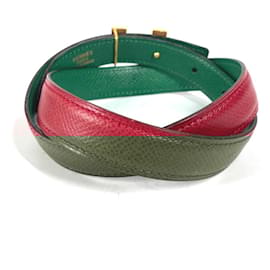 Hermès-Hermes Bicolor H Belt Buckle Thin Leather Women's Belt-Red,Golden,Green