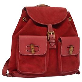 GUCCI Bamboo Backpack Suede Leather Red Gold 003 2058 0016 Auth nb202 Red Golden