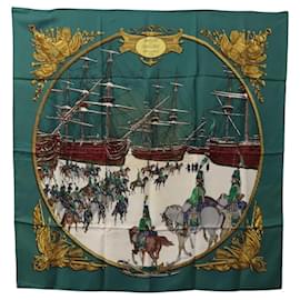 Hermès-HERMES Carre 90 Scarf ""MARINE ET CAVALERIE"" Silk Green Auth ac3616-Green