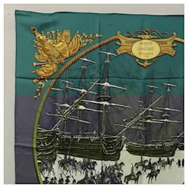 Hermès-HERMES Carre 90 Scarf ""MARINE ET CAVALERIE"" Silk Green Auth ac3616-Green