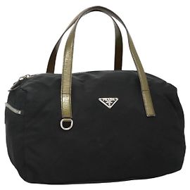 PRADA Hand Bag Nylon Black Silver Auth IN024 Black Silvery