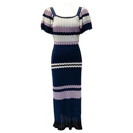 Vestido midi de malha com mangas bufantes azul marinho / marfim de Adam Lippes Azul marinho