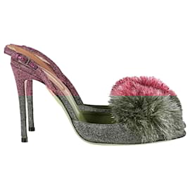 Aquazzura- Aquazzura Pom-Pom Detail Slingback Pumps in Pink Glitter-Pink