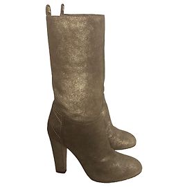 Bottes à talons hauts Chanel en cuir doré métallisé Doré