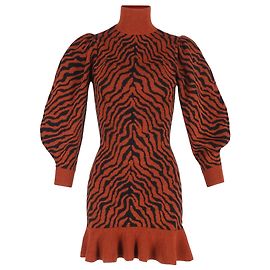Ulla Johnson Joni Printed Ruffled Hem Mini Dress in Rust Wool Other Orange