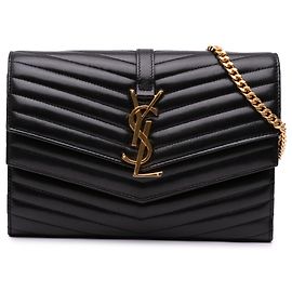 Saint Laurent Black Lambskin Chevron Monogram Sulpice Chain Wallet Black