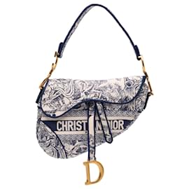 Dior-Dior Blue Canvas Embroidered Toile de Jouy Saddle Bag-Blue,Navy blue