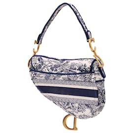 Dior-Dior Blue Canvas Embroidered Toile de Jouy Saddle Bag-Blue,Navy blue